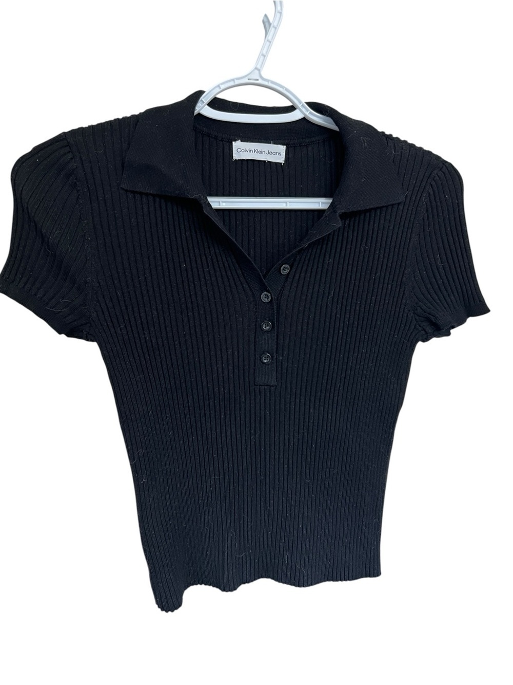 Calvin Klein Jeans Black Ribbed Polo Button-Front Top